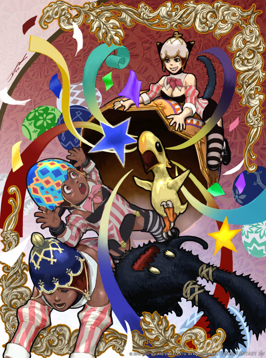 10s 3girls animal_ears breasts brown_eyes cat_ears cat_tail chocobo cleavage dark_skin dark-skinned_female detached_collar egg eggshell closed_eyes final_fantasy final_fantasy_xiv garter_straps grin hat highres lalafell miqo&#039;te multiple_girls official_art smile spriggan_(final_fantasy) surprised tail thighhighs