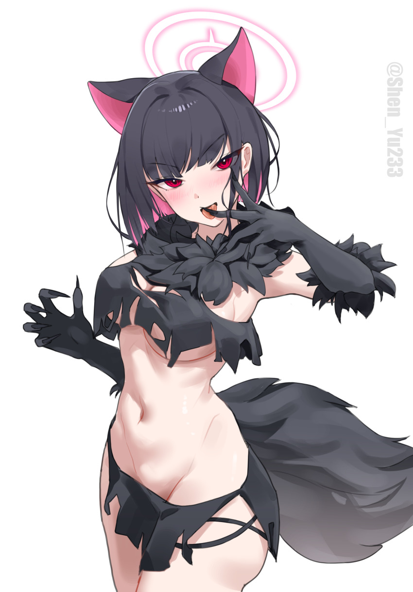 1girl absurdres animal_ears blue_archive blush breasts cat_ears cowboy_shot elbow_gloves extra_ears gloves groin halo highres kazusa_(blue_archive) kazusa_(halloween)_(blue_archive) licking licking_finger looking_at_viewer medium_breasts multicolored_hair navel no_panties pink_halo red_eyes shinba233 short_hair sideboob solo tail tongue tongue_out underboob very_long_fingernails