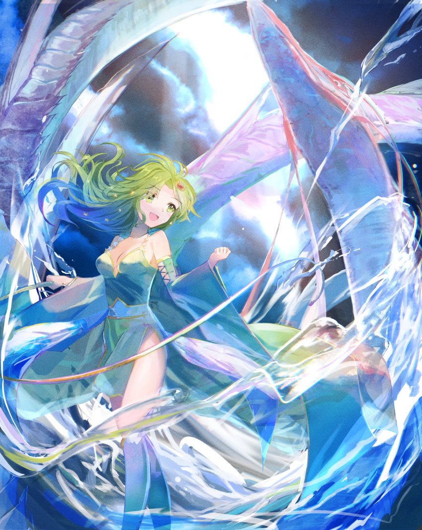 1girl absurdres aged_up breasts cape cleavage detached_sleeves final_fantasy final_fantasy_iv green_eyes green_hair hair_ornament highres kwz_ini leviathan_(final_fantasy) long_hair medium_breasts open_mouth rydia_(adult)_(ff4) rydia_(ff4) smile solo thighhighs