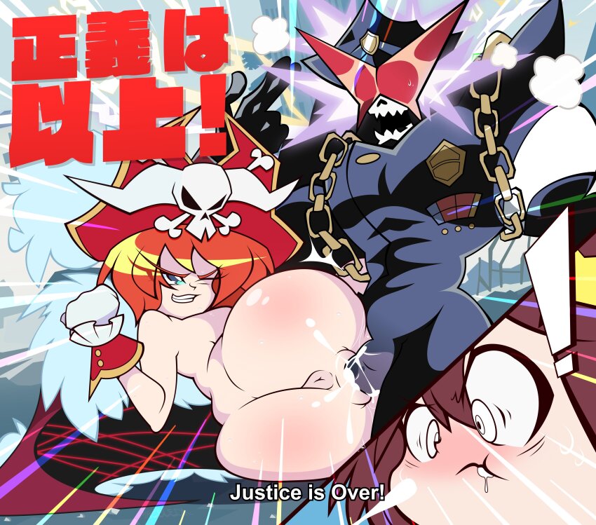 1boy 2girls absurdres anus ass blue_eyes breasts brown_hair cum cum_in_mouth cum_on_body english_text facial glasses highres huge_ass lalaco_godspeed luluco mrcbleck multiple_girls orange_hair over_justice sex skull skull_head uchuu_patrol_luluco