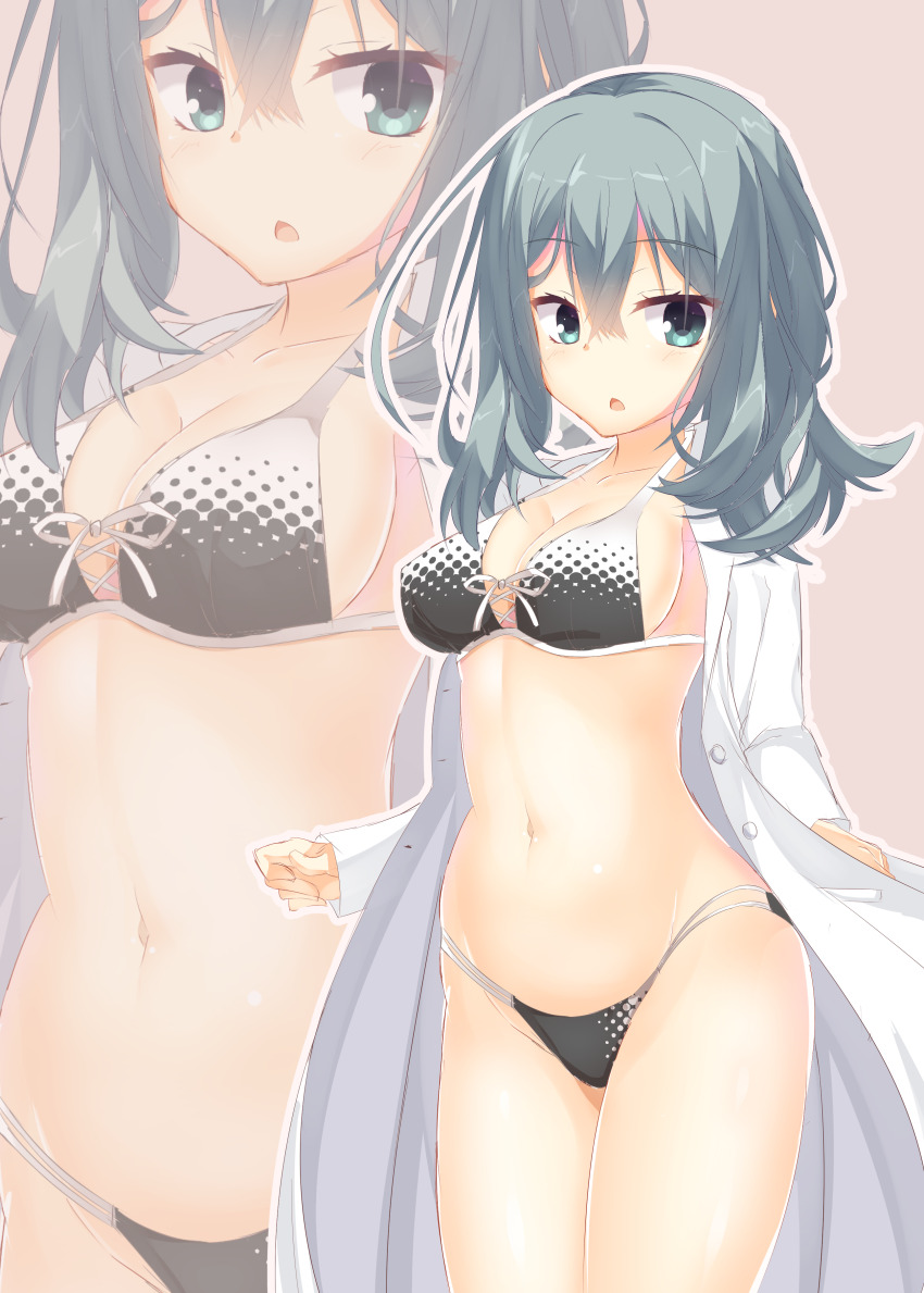 1girl absurdres aqua_eyes aqua_hair bikini black_bikini blush breasts cleavage clip_studio_paint_(medium) coat collarbone commentary_request covered_erect_nipples cowboy_shot cowlick crossed_bangs curvy eyelashes groin hair_between_eyes highres lab_coat large_breasts light_blush long_hair long_sleeves looking_at_viewer makochan42 multi-strapped_bikini_bottom multicolored_bikini navel official_alternate_costume open_clothes open_coat open_mouth outline pink_background riddle_joker shikibe_mayu simple_background solo stomach swimsuit thighs two-tone_bikini white_bikini white_outline zoom_layer
