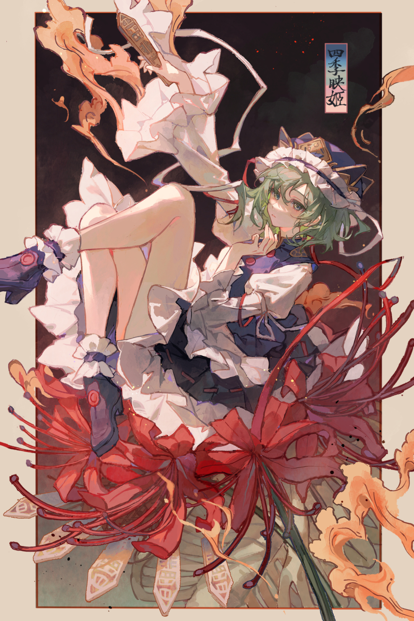 1girl bad_source black_skirt blue_eyes blue_vest blush boots character_name closed_mouth flower frilled_hat frilled_skirt frilled_sleeves frills from_side full_body green_hair hair_between_eyes hat highres holding long_sleeves looking_at_viewer maccha_(mochancc) red_ribbon ribbon rod_of_remorse shadow shiki_eiki sitting skirt solo spider_lily touhou vest wavy_hair wide_sleeves