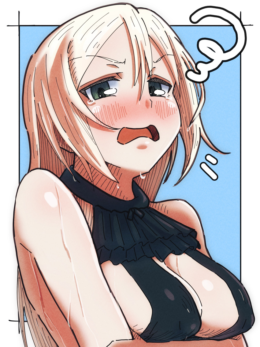 1girl absurdres black_slingshot_swimsuit blonde_hair blue_background blush breasts cleavage green_eyes heinrike_prinzessin_zu_sayn-wittgenstein highres large_breasts long_hair looking_at_viewer noble_witches open_mouth simple_background slingshot_swimsuit solo swimsuit tama_kitsune tears upper_body world_witches_series