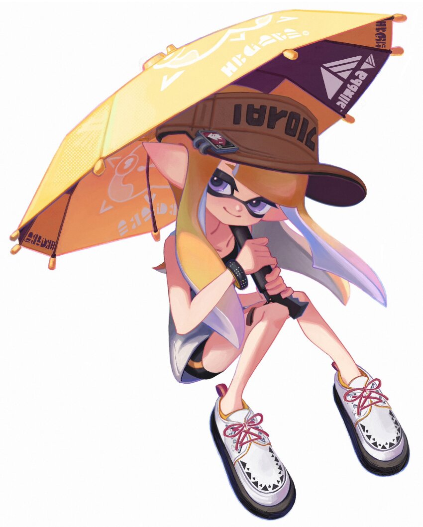 1girl bike_shorts black_shorts blunt_bangs bracelet brown_hat closed_mouth collarbone commentary_request full_body hat highres holding holding_umbrella inkling inkling_girl inkling_player_character invisible_chair jewelry ka1_(k4k37) long_hair looking_at_viewer nintendo orange_hair pointy_ears purple_eyes shoes shorts sitting smile solo splat_brella_(splatoon) splatoon_(series) tank_top tentacle_hair umbrella visor_cap white_background white_shoes white_tank_top