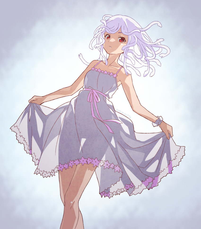1girl absurdres albino bare_shoulders breasts collarbone dress feet_out_of_frame god_nadeko highres living_hair long_hair looking_at_viewer manimani_(mani_ma) monogatari_(series) red_eyes see-through_clothes see-through_dress see-through_silhouette sengoku_nadeko skirt_hold sleeveless sleeveless_dress snake snake_hair solo standing white_dress white_hair white_snake