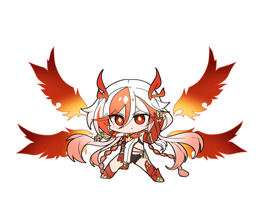 1girl arm_up black_shorts boots chibi closed_mouth commentary_request detached_wings elbow_gloves fu_hua fu_hua_(phoenix) full_body gloves honkai_(series) honkai_impact_3rd long_hair looking_at_viewer multicolored_hair nabeiro_kin red_boots red_eyes red_gloves red_hair red_wings shorts simple_background solo standing two-tone_hair v-shaped_eyebrows very_long_hair white_background white_hair wings