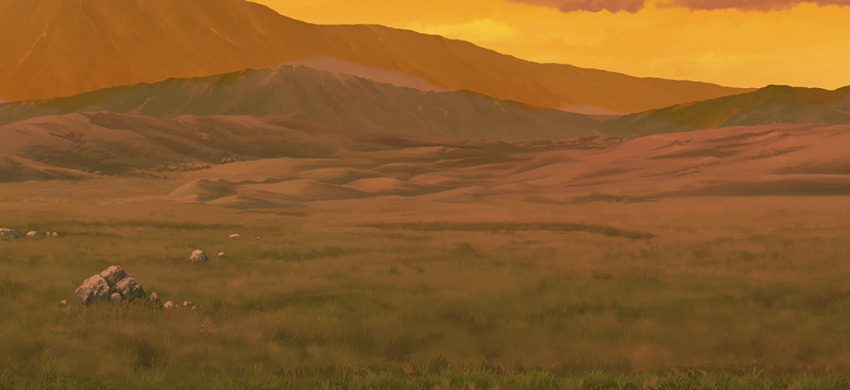 cloud field game_cg grass hill mountain no_humans non-web_source official_art orange_sky outdoors rock scenery sky touhou touhou_gensou_eclipse twilight