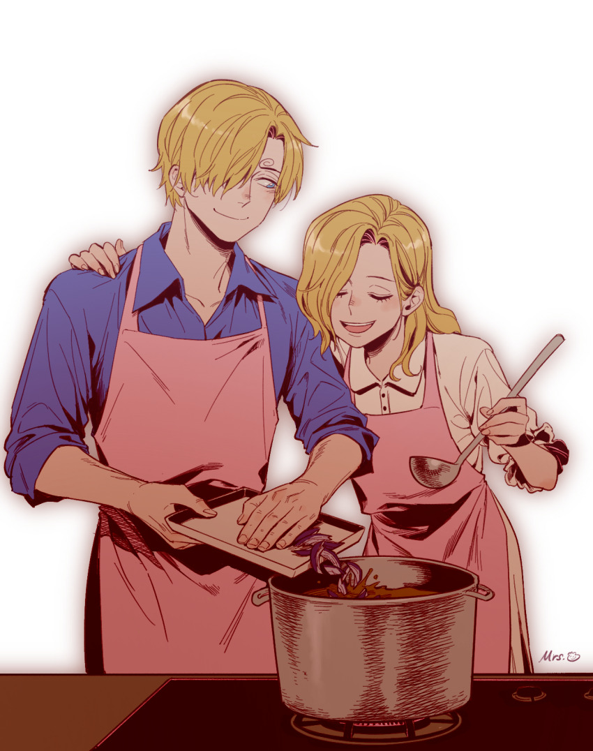 1boy 1girl apron arm_around_shoulder artist_name blonde_hair blue_eyes blue_shirt blush closed_eyes closed_mouth collared_shirt cooking cooking_pot counter curly_eyebrows eyelashes food frilled_sleeves frills hair_over_one_eye hand_on_another&#039;s_shoulder highres holding holding_ladle holding_tray ladle long_hair looking_at_another looking_to_the_side mother_and_son mrs.custard one-armed_hug one_eye_covered one_piece open_mouth parted_bangs pink_apron sanji_(one_piece) shirt short_hair simple_background sleeves_rolled_up smile standing stove teeth tray upper_teeth_only vinsmoke_sora white_background white_shirt wing_collar