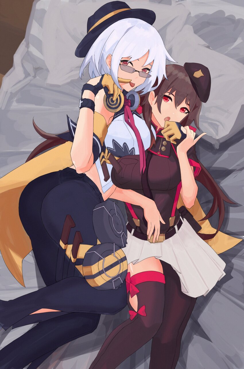 2girls absurdres ass asymmetrical_legwear beret black_hat black_necktie black_pants black_shirt black_thighhighs brown_hair commentary english_commentary fedora girls&#039;_frontline glock_17_(girls&#039;_frontline) gloves half_gloves hat headphones headphones_around_neck highres long_hair looking_at_viewer lying magazine_(weapon) multiple_girls necktie on_bed open_mouth pants pleated_skirt red_eyes red_necktie shirt short_hair skirt thighhighs thompson_(girls&#039;_frontline) tongue tongue_out variasii white_hair white_skirt yellow_gloves