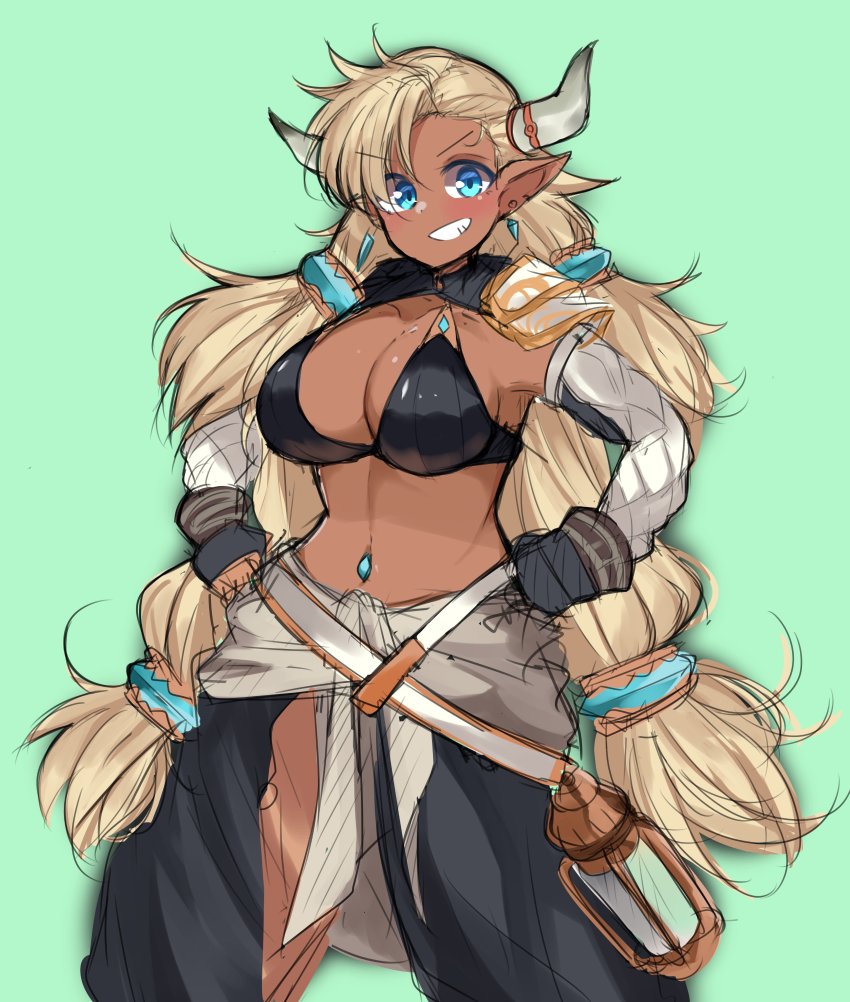 1girl absurdres almeida_(granblue_fantasy) black_gloves blonde_hair blue_eyes blush breasts cleavage collarbone dark-skinned_female dark_skin earrings fingerless_gloves gloves granblue_fantasy grin hands_on_own_hips highres horns jewelry kshimu large_breasts long_hair looking_at_viewer navel navel_piercing parted_lips piercing pointy_ears sketch smile solo teeth
