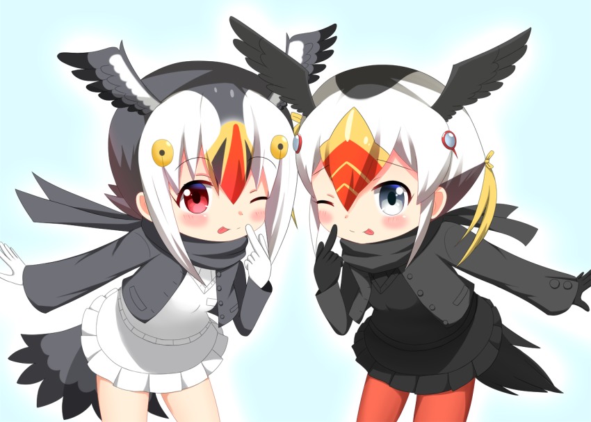 10s 2girls ;p atlantic_puffin_(kemono_friends) bird_tail black_gloves black_hair black_jacket black_scarf black_shirt black_skirt black_wings blonde_hair blush commentary_request feathered_wings frilled_skirt frills gloves grey_eyes grey_wings hair_between_eyes hand_up head_wings index_finger_raised jacket kemono_friends leaning_forward long_sleeves multicolored_hair multiple_girls one_eye_closed open_clothes open_jacket pantyhose red_eyes red_hair red_legwear scarf shin01571 shirt sidelocks skirt smile standing sweater_vest tail tongue tongue_out tufted_puffin_(kemono_friends) two-tone_hair white_gloves white_hair white_shirt white_skirt wings