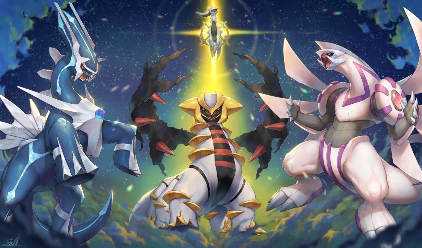 above_clouds arceus black_sclera claws cloud colored_sclera commentary_request creatures_(company) dialga from_below game_freak gem gen_4_pokemon giratina giratina_(altered) kemonomichi_(blue_black) legendary_pokemon mythical_pokemon nintendo no_humans open_mouth orange_eyes palkia pokemon pokemon_(creature) shiny_skin sky star_(sky) tongue
