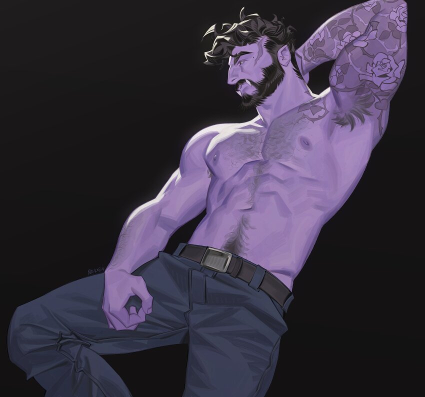 1boy abs absurdres arm_hair arm_tattoo armpit_hair armpits bara beard belt black_background black_hair chest_hair colored_skin commission facial_hair full_beard groin hand_on_own_neck highres looking_to_the_side male_focus messy_hair mole mr_kasuy muscular muscular_male mustache navel_hair nipples original pants pectorals pointy_ears presenting_armpit profile purple_skin scar scar_on_face signature solo tattoo topless_male wrinkled_fabric