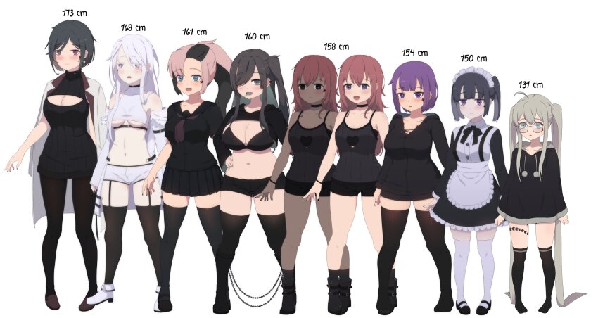 6+girls :d :| absurdly_long_hair absurdres ahoge ankle_boots apron aqua_eyes aren&#039;t_grim_reapers_supposed_to_be_scary arrow_tattoo asymmetrical_bangs bare_legs belt belt_collar black_belt black_bow black_bowtie black_bra black_choker black_collar black_dress black_eyes black_footwear black_hair black_hoodie black_nails black_pantyhose black_sailor_collar black_serafuku black_shirt black_shorts black_skirt black_sweater black_thighhighs blue_eyes boots bow bowtie bra breasts bright_pupils brown_footwear brown_hair buttons chest_belt child choker clenched_hands closed_mouth clothing_cutout coat collar collarbone collared_dress colored_inner_hair cropped_shirt cross_tattoo crossed_bangs dark-skinned_female dark_skin deca_(kamuo) dot_nose drawstring dress earrings everyone eyes_visible_through_hair facial_tattoo flower_tattoo frilled_apron frilled_dress frills fur-trimmed_coat fur_trim garter_straps green_hair grey_nails hair_between_eyes hair_over_one_eye hand_on_own_hip heart heart_cutout heart_earrings height_chart high_ponytail highres hood hood_down hoodie intoh_(kamuo) jewelry kamuo lafi_(kamuo) large_breasts leg_tattoo light_blush loafers long_hair long_sleeves maid maid_apron maid_headdress mary_janes medium_breasts messy_hair midriff mole mole_on_breast multicolored_hair multiple_girls mykka_(kamuo) navel neckerchief neu_(kamuo) no_pants no_shoes off-shoulder_coat off_shoulder one_side_up open_mouth pale_skin pantyhose pari_(kamuo) pink_hair pleated_skirt pom_pom_(clothes) ponytail purple_eyes purple_hair purple_neckerchief rafi_(kamuo) red_eyes red_hair red_pupils sailor_collar school_uniform serafuku shirt shoes short_hair short_shorts shorts shrug_(clothing) sidelocks single_earring skirt sleeveless sleeveless_shirt sleeveless_sweater sleeves_past_wrists smile spaghetti_strap suspenders susui_(kamuo) sweater tachi-e tattoo thighhighs torn_clothes torn_hoodie turtleneck turtleneck_sweater twintails two-tone_hair underboob underbust underwear vel_(kamuo) very_long_hair white_apron white_background white_coat white_footwear white_hair white_pupils white_shirt white_thighhighs