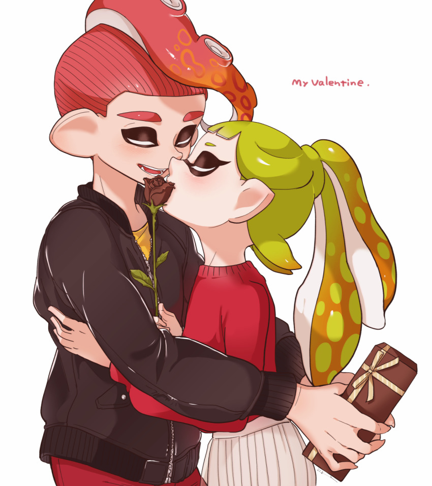 1boy 1girl black_flower black_jacket black_rose blunt_bangs closed_eyes english_text flower gift green_hair hetero highres holding holding_flower holding_gift hug imminent_kiss inkling inkling_girl inkling_player_character jacket long_hair long_sleeves makeup mascara mask mohawk nintendo octoling octoling_boy octoling_player_character open_mouth pleated_skirt pointy_ears ponytail red_hair red_sweater rose short_hair skirt smile splatoon_(series) suction_cups sweater tentacle_hair valentine white_skirt yeneny zipper