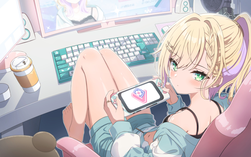 1girl bare_legs bare_shoulders barefoot black_bra blonde_hair blue_shorts blush bra braid breasts chair closed_mouth commentary_request computer_keyboard computer_mouse cup desk disposable_coffee_cup disposable_cup ear_piercing earrings from_behind green_eyes hair_intakes hair_ornament hairclip handheld_game_console highres holding indoors jacket jewelry kurumi_noah long_hair looking_at_viewer medium_breasts microphone monitor mousepad_(object) multicolored_hair navel off_shoulder office_chair on_chair piercing purple_hair short_shorts shorts sitting solo striped_clothes striped_jacket stud_earrings stuffed_animal stuffed_toy swivel_chair synn032 teddy_bear two-tone_hair underwear virtual_youtuber vspo!