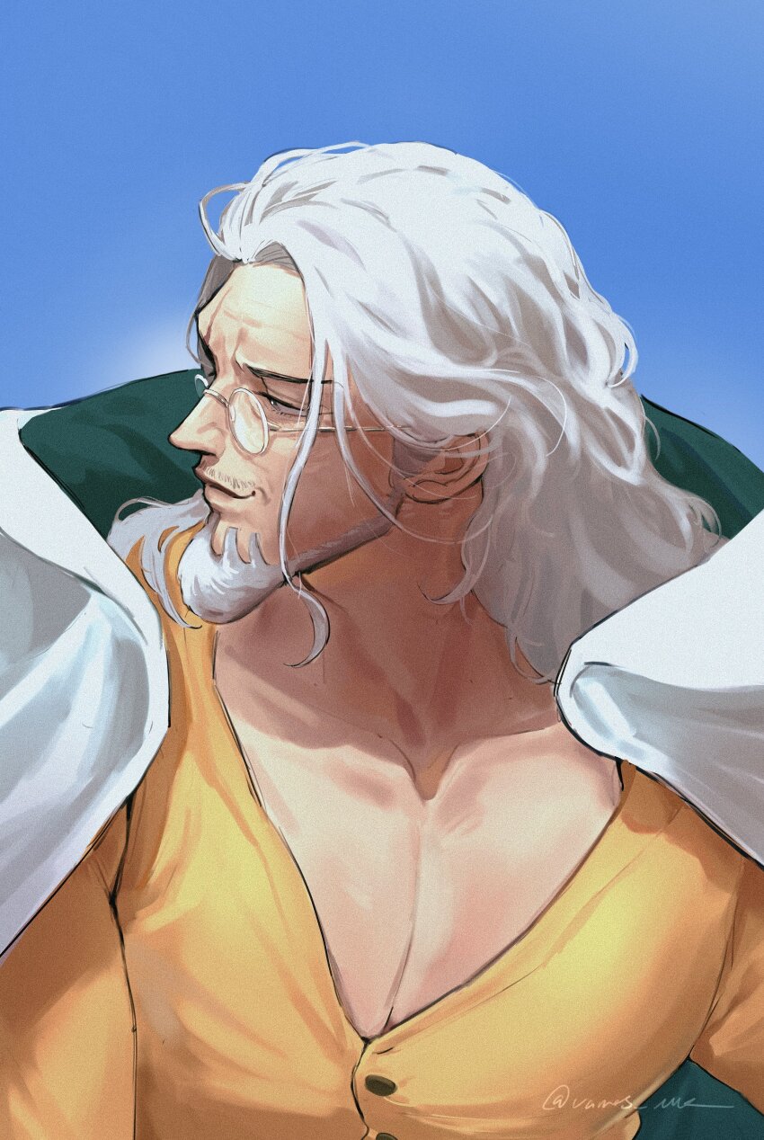 1boy absurdres beard blue_sky cloak commentary facial_hair glasses highres hood hooded_cloak light_smile long_hair male_focus mustache one_piece orange_shirt shirt silvers_rayleigh sky solo symbol-only_commentary twitter_username upper_body vamos_mk white_cloak white_hair