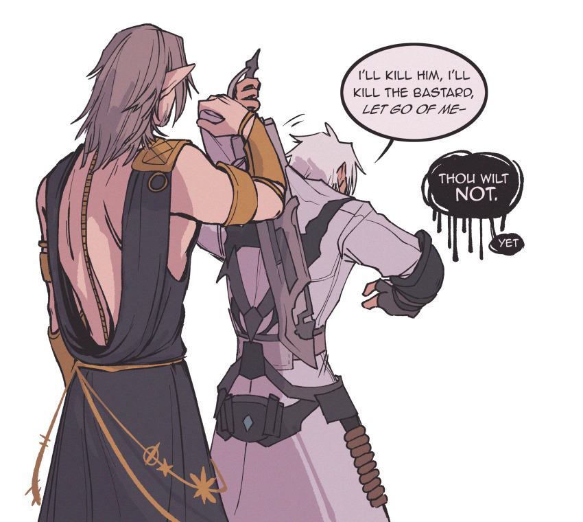 2boys absurdres angry artist_request astrologian_(final_fantasy) back coat elezen elf english_text final_fantasy final_fantasy_xiv from_behind gunblade gunbreaker_(final_fantasy) highres hyur long_hair multiple_boys pointy_ears robe speech_bubble thancred_waters urianger_augurelt weapon white_hair