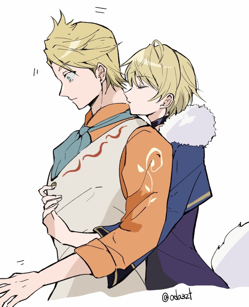 1boy 1girl apron aqua_ascot black_choker blonde_hair blue_eyes bunet_(fire_emblem) choker couple fire_emblem fire_emblem_engage fur_trim hetero highres merrin_(fire_emblem) nintendo oda32t orange_shirt shirt white_fur