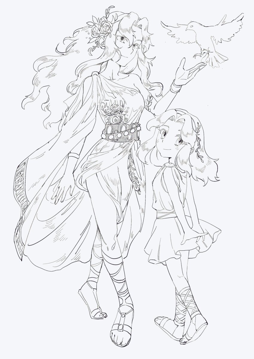 2girls aged_up ancient_greek_clothes bird gladiator_sandals greco-roman_clothes highres lineart long_hair maria_robotnik multiple_girls sandals shyu_1014 sonic_(series) toga white_background