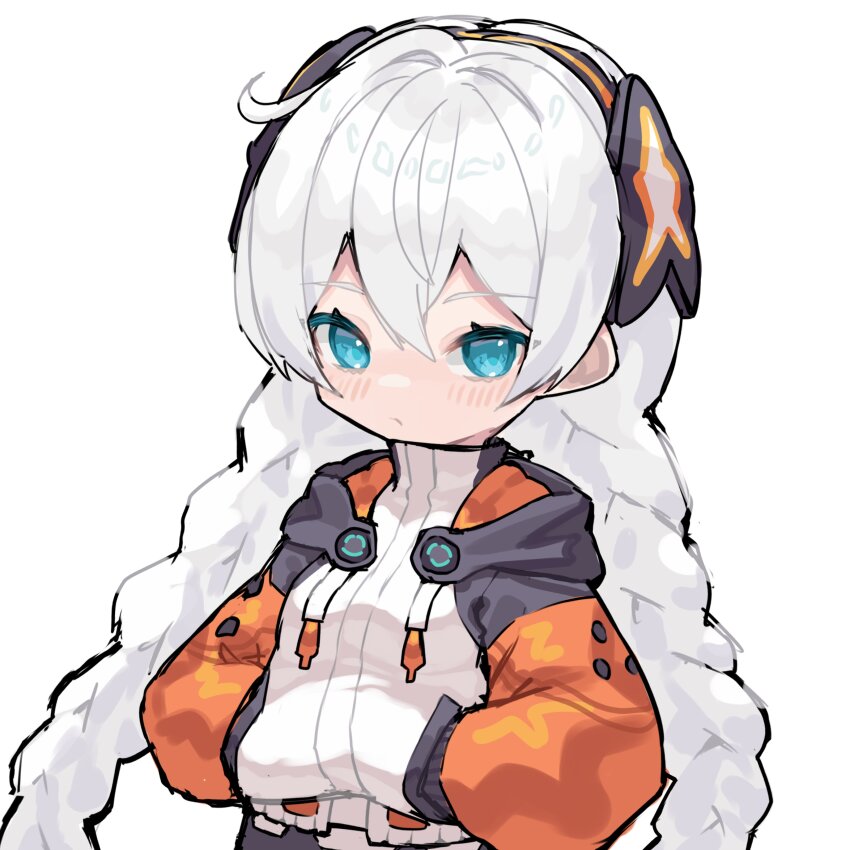 1girl absurdres blue_eyes blush braid closed_mouth commentary hair_between_eyes hands_in_pockets high_collar highres honkai_(series) honkai_impact_3rd jacket kiana_kaslana kiana_kaslana_(white_comet) long_hair long_sleeves looking_at_viewer low_twintails puffy_long_sleeves puffy_sleeves scarlet23i0 simple_background solo twin_braids twintails upper_body very_long_hair white_background white_hair white_jacket