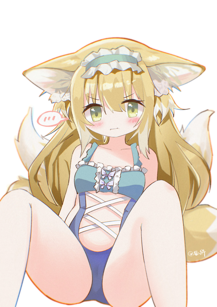1girl absurdres alternate_costume animal_ears arknights blonde_hair blue_one-piece_swimsuit blush chinese_commentary chromatic_aberration closed_mouth commentary_request eugrlt frilled_hairband frilled_one-piece_swimsuit frills frown green_hairband hair_between_eyes hairband highres huge_filesize loli long_hair looking_at_viewer multiple_tails one-piece_swimsuit simple_background sitting solo spoken_blush suzuran_(arknights) swimsuit tail v-shaped_eyebrows white_background
