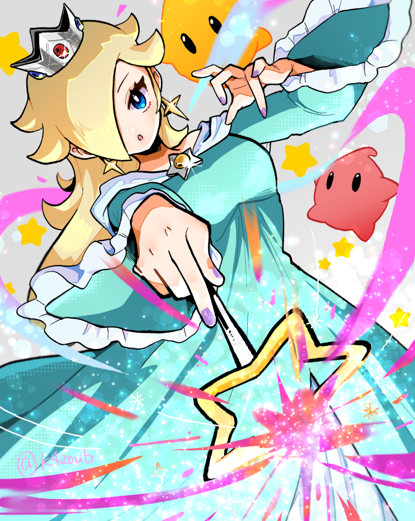 1girl :o blonde_hair blue_dress blue_eyes brooch crown dress earrings hair_over_one_eye hanimitsu_(bisko) highres holding holding_wand jewelry long_hair long_sleeves looking_at_viewer luma_(mario) mario_(series) nintendo open_mouth purple_nails red_luma rosalina star_(symbol) star_brooch star_earrings wand