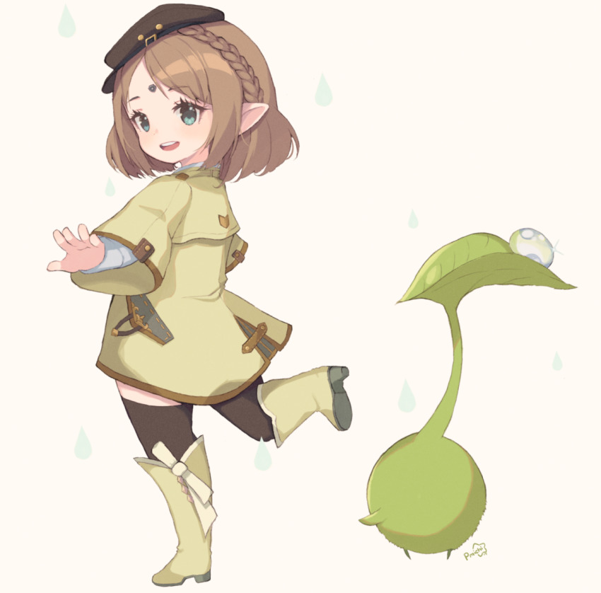 1girl asagawa_mikan_(peachy_michi) black_thighhighs blue_eyes boots braid brown_hair coat female_focus final_fantasy final_fantasy_xiv forehead_jewel from_behind full_body hat lalafell looking_at_viewer looking_back pointy_ears short_hair signature simple_background solo standing thighhighs white_background