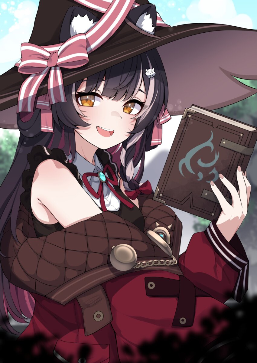 1girl absurdres animal_ear_fluff black_hair blue_brooch blurry blurry_background book bow braid breasts brown_hat colored_inner_hair grey_hair hair_bow hair_ribbon hat hat_ribbon highres holding holding_book jacket medium_breasts multicolored_hair neck_ribbon off-shoulder_jacket off_shoulder open_mouth orange_eyes pink_hair pink_ribbon pixellink raki_kazuki red_bow red_jacket red_ribbon ribbon side_braid single_braid sky small_breasts solo valefal_coneri virtual_youtuber