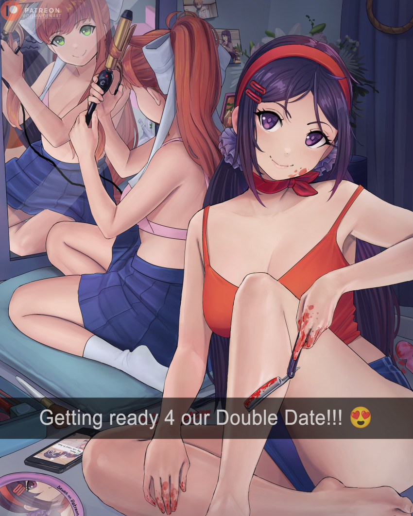 2girls absurdres blood blood_on_hands blue_eyes blue_hair breasts brown_hair commentary crazy_mita_(miside) crossover dismaiden doki_doki_literature_club english_commentary green_eyes hair_ornament hairband hairclip highres implied_murder indoors long_hair looking_at_viewer miside mita_(miside) monika_(doki_doki_literature_club) multiple_girls patreon_logo patreon_username ponytail smile twintails