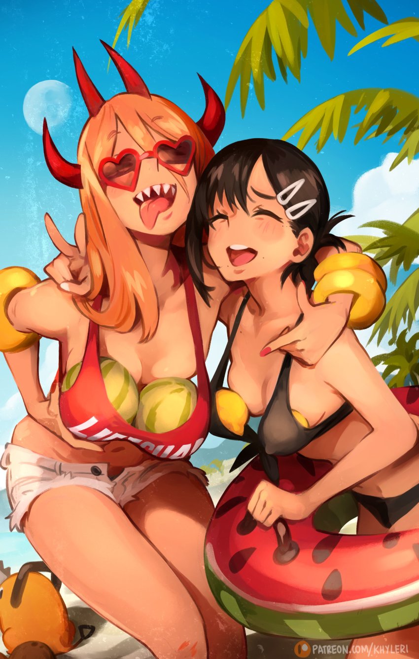 2girls absurdres beach bikini black_bikini blonde_hair blue_sky breast_padding breasts chainsaw_man closed_eyes commentary demon demon_girl demon_horns dog english_commentary food food_insertion friends fruit higashiyama_kobeni highres horns innertube jewelry khyle. lemon mole mole_on_collarbone mole_under_eye multiple_girls multiple_horns object_insertion palm_tree patreon_logo patreon_username pochita_(chainsaw_man) power_(chainsaw_man) red_horns red_shirt red_tank_top ring sharp_teeth shirt short_shorts shorts sky summer sunglasses swim_ring swimsuit tank_top teeth thighs tongue tongue_out tree watermelon white_shorts
