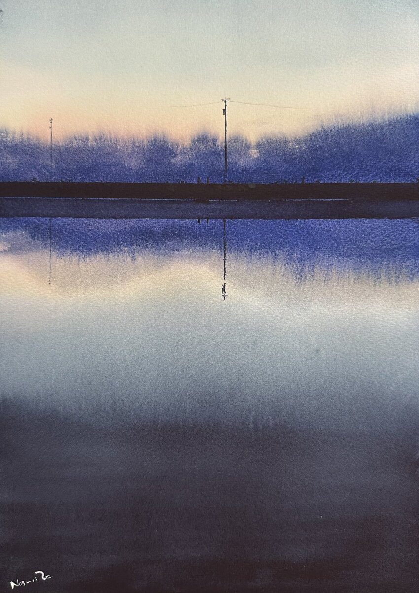 dark dawn highres morning mouen_tw no_humans original painting_(medium) pond power_lines reflection reflective_water road shadow traditional_media utility_pole water watercolor_(medium)
