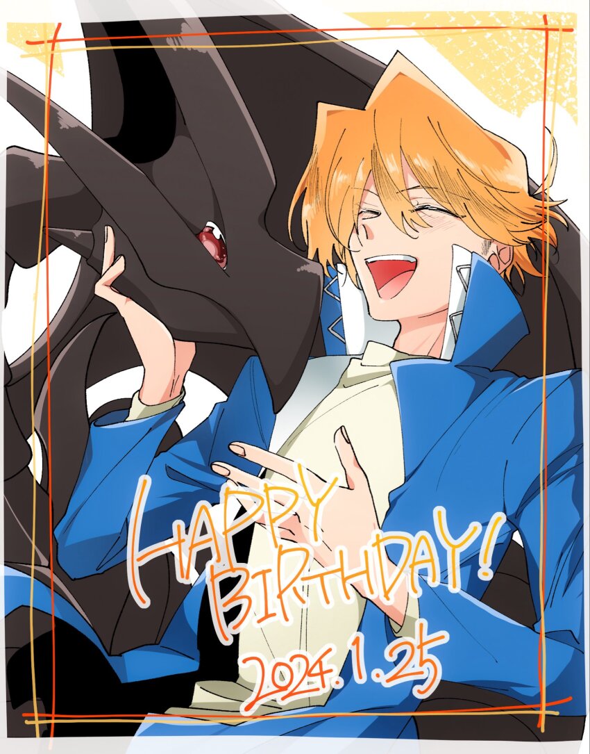 1boy blonde_hair blue_jacket closed_eyes commentary_request dated domino_high_school_uniform dragon duel_monster hand_on_another&#039;s_chin hands_up happy_birthday high_collar highres jacket jonouchi_katsuya male_focus muta_i2 open_clothes open_jacket open_mouth outline red-eyes_black_dragon red_eyes school_uniform shirt short_hair smile upper_body white_outline white_shirt yellow_background yu-gi-oh! yu-gi-oh!_duel_monsters