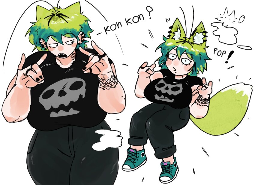 1girl absurdres animal_ear_piercing animal_ears antennae aqua_shoes arm_tattoo black_nails breasts commentary destorys ear_piercing earrings fox_ears fox_girl fox_tail green_hair hair_horns highres huge_breasts jewelry kemonomimi_mode large_breasts multicolored_hair original piercing ring shoes symbol-only_commentary tail tattoo transformation two-tone_hair