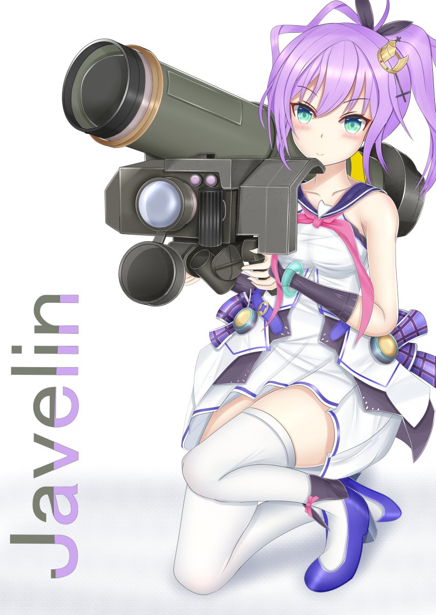 1girl absurdres aqua_eyes azur_lane blouse bracelet camisole character_name cross_hair_ornament crown dress fgm-148_javelin genius_1237to gloves green_eyes hair_ornament high_ponytail highres holding holding_rocket_launcher holding_weapon javelin_(azur_lane) javelin_(retrofit)_(azur_lane) jewelry medium_hair name_connection object_namesake ponytail pun purple_hair purple_ribbon retrofit_(azur_lane) ribbon rocket_launcher sailor_collar shirt simple_background single_glove solo strappy_heels thighhighs weapon white_background white_camisole white_dress white_thighhighs wide_ponytail