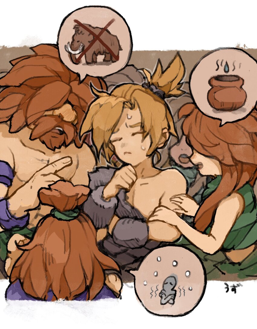 2boys 3girls beard blonde_hair border brown_background brown_hair caveman cavewoman chrono_trigger closed_eyes cold facial_hair frown fur_wrist_cuffs green_shirt grey_fur hair_over_eyes high_ponytail highres holding_another&#039;s_arm kino_(chrono_trigger) long_hair mammoth medium_hair multiple_boys multiple_girls mustache open_mouth parted_bangs pointing ponytail shirt single_bare_shoulder snow spoken_object sweatdrop topless_male upper_body uzutanco white_border wrist_cuffs