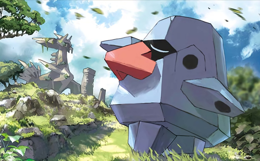 anesaki_dynamic blue_sky closed_eyes cloud cloudy_sky creature day dialga from_side gen_2_pokemon gen_3_pokemon gen_4_pokemon grass legendary_pokemon nintendo no_humans nosepass official_art outdoors pokemon pokemon_(creature) pokemon_tcg profile rock sky solo standing statue third-party_source tree