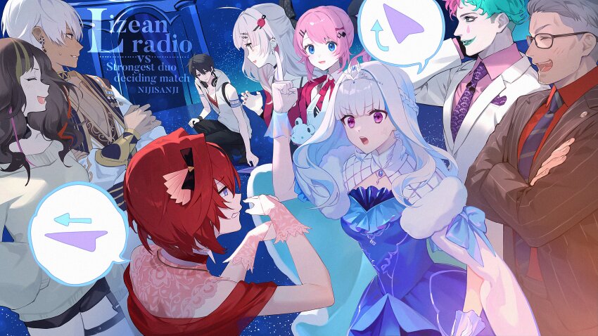 4boys 5girls absurdres adapted_costume ange_katrina ange_katrina_(3rd_costume) aqua_eyes aqua_hair black_hair black_jacket blonde_hair blue_dress blue_necktie brown_hair clenched_teeth closed_eyes collared_shirt commentary crossed_arms dark-skinned_male dark_skin dress english_text grey_hair hand_up hands_up hayase_sou hayase_sou_(2nd_costume) highres ibrahim_(1st_costume)_(nijisanji) ibrahim_(nijisanji) index_finger_raised iv_4t jacket joe_rikiichi joe_rikiichi_(1st_costume) kuramochi_meruto kuramochi_meruto_(1st_costume) lapels lize_helesta lize_helesta_(3rd_costume) long_hair looking_at_another maimoto_keisuke maimoto_keisuke_(2nd_costume) multicolored_hair multiple_boys multiple_girls neck_ribbon necktie nijisanji open_mouth pink_hair pink_shirt purple_eyes purple_necktie red_eyes red_hair red_ribbon red_shirt ribbon see-through_clothes see-through_wrist_cuffs shirt short_hair speech_bubble streaked_hair striped_clothes striped_jacket sweater symbol-only_commentary teeth tiara upper_teeth_only v-shaped_eyebrows virtual_youtuber white_hair white_jacket white_sweater white_tiara wrist_cuffs yumeoi_kakeru yumeoi_kakeru_(1st_costume)
