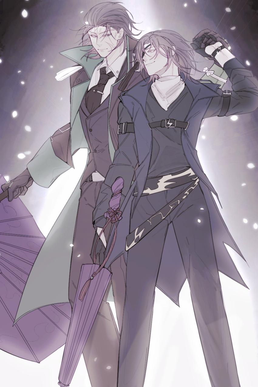 2boys absurdres adapted_costume black_gloves black_necktie blue_coat brown_coat brown_eyes brown_gloves brown_hair coat couple date_masamune_(sengoku_basara) eye_contact eyepatch facial_scar feet_out_of_frame gloves highres hikatwinkle holding holding_hands holding_umbrella katakura_kojuurou_(sengoku_basara) looking_at_another male_focus multiple_boys necktie scar scar_on_cheek scar_on_face sengoku_basara short_hair umbrella vest waistcoat yaoi yellow_eyes