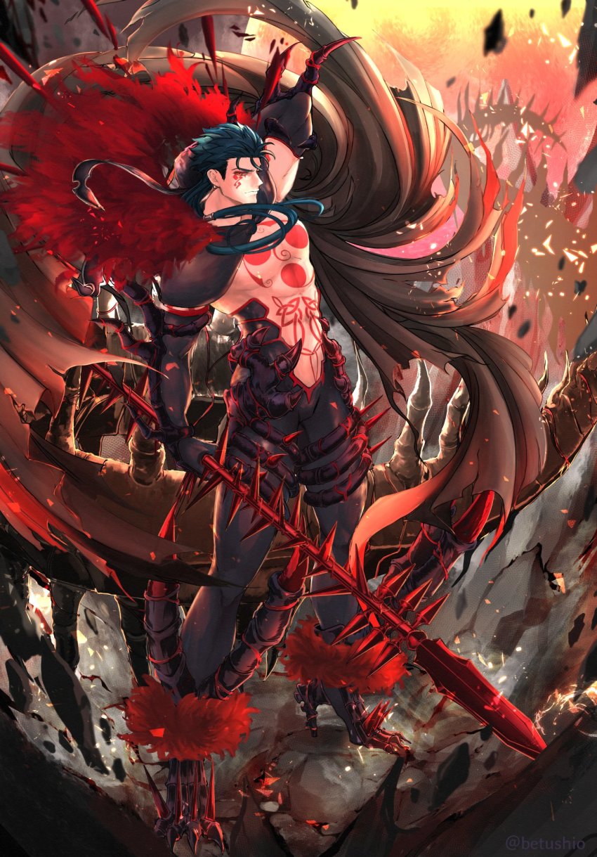 1boy abs angry arm_up betushio black_gloves black_pants blue_hair bodypaint cape closed_mouth cu_chulainn_(fate) cu_chulainn_alter_(fate) cu_chulainn_alter_(third_ascension)_(fate) dark_blue_hair dark_persona earrings elbow_gloves facepaint fate_(series) floating_hair full_body fur-trimmed_cape fur_trim gae_bolg_(fate) gloves highres holding holding_polearm holding_weapon hood hood_down jewelry long_hair male_focus monster_boy muscular muscular_male navel pants polearm red_eyes skin_tight solo spiked_hair spikes tail topless_male weapon