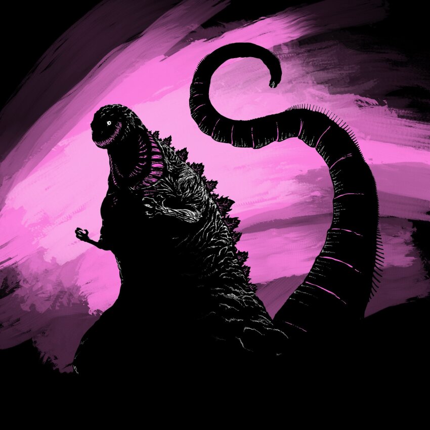 black_background black_eyes claws commentary dan_dagouglas english_commentary full_body godzilla godzilla_(series) godzilla_(shin) high_contrast highres kaiju limited_palette looking_at_viewer monster no_humans pink_background sharp_teeth shin_godzilla solo spines standing tail_mouth teeth toho