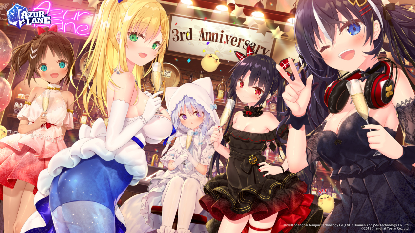 &gt;_&lt; 5girls :d alternate_costume aqua_eyes ass azur_lane bare_shoulders black_dress blonde_hair blue_legwear breasts brown_hair champagne_flute cleavage creator_connection cross cup dark-skinned_female dark_skin detached_collar detached_sleeves dress drinking_glass elbow_gloves forbin_(azur_lane) forbin_(feast_of_champagne)_(azur_lane) from_side gloves gradient_clothes gradient_dress green_eyes headphones headphones_around_neck highres holding holding_cup hood hoodie iron_cross lace-trimmed_sleeves lace_trim large_breasts layered_dress le_mars_(azur_lane) long_hair looking_at_viewer manjuu_(azur_lane) medium_breasts multiple_girls nail_polish neon_lights off-shoulder_dress off_shoulder one_eye_closed open_mouth pantyhose purple_eyes purple_hair red_dress red_eyes red_nails short_dress smile thigh_strap twintails u-101_(azur_lane) u-73_(azur_lane) uranami_(azur_lane) white_dress white_gloves white_legwear white_tail yano_mitsuki_(nanairo)