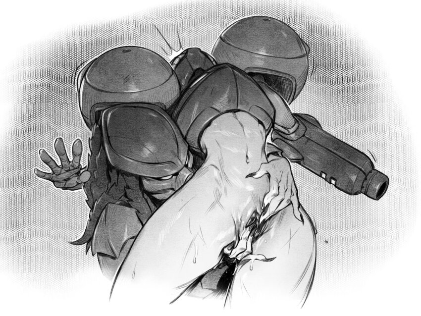 1boy 1girl arm_around_waist crossover fingering fingernails head_back helmet highres interspecies mask metroid monochrome navel nintendo power_suit_(metroid) predator_(1987) predator_(character) predator_(series) pussy raunchy_ninja samus_aran sharp_fingernails toned varia_suit