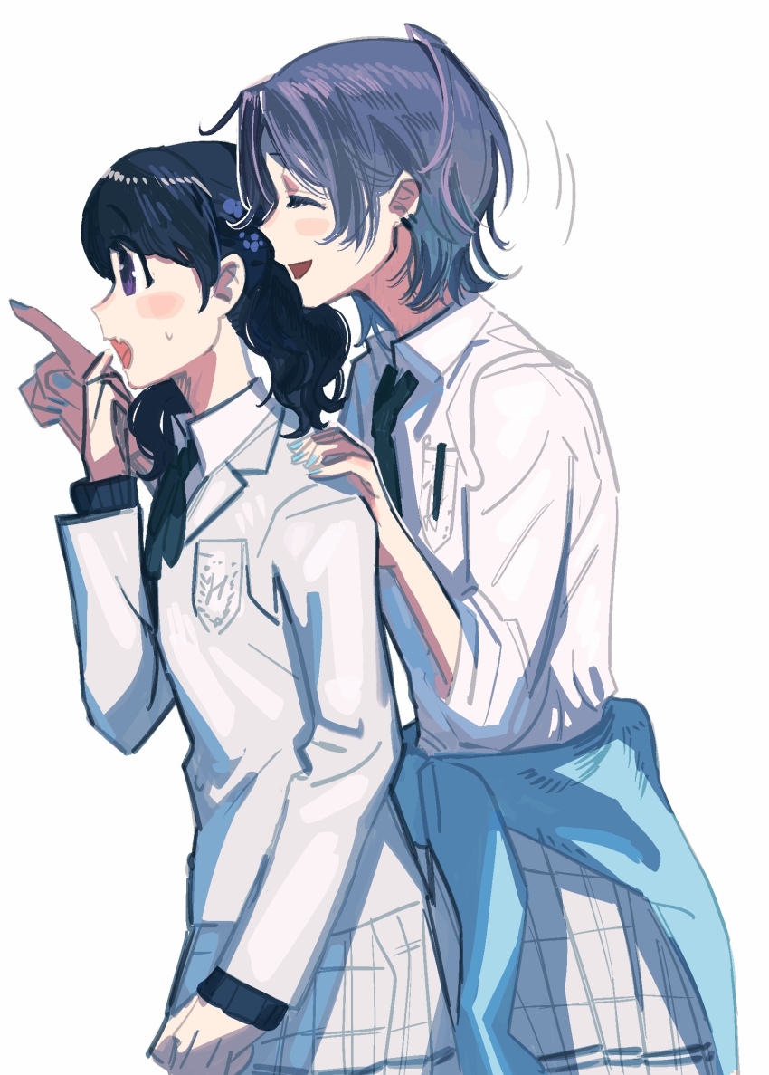 2girls ahoge asakura_toru black_hair blazer blue_hair blue_nails closed_eyes commentary_request earrings fang fukumaru_koito gradient_hair grey_jacket grey_skirt highres idolmaster idolmaster_shiny_colors jacket jewelry kani_(kaniya) medium_hair multicolored_hair multiple_girls nail_polish plaid_clothes plaid_skirt pleated_skirt purple_eyes school_uniform short_hair skin_fang skirt twintails white_background