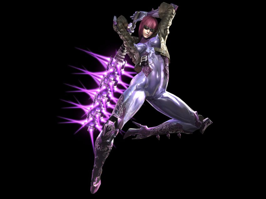 1girl 3d black_background bodysuit breasts club club_(weapon) covered_erect_nipples female_focus full_body gloves glowing high_heels jacket jumping madworld mathilda_(madworld) max_anarchy navel purple_hair sega shiny_clothes shoes simple_background skin_tight solo spiked_club sunglasses weapon