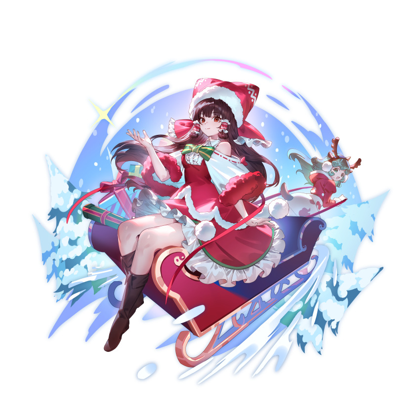 2girls absurdres alternate_costume animal_ear_hairband animal_ears antlers boots bow bowtie box brown_footwear brown_hair closed_mouth clothing_request deer_tail fake_animal_ears frilled_hair_tubes frilled_skirt frills fur-trimmed_headwear fur-trimmed_sleeves fur_trim game_cg gift gift_box green_bow green_bowtie green_eyes green_hair hair_tubes hairband hakurei_reimu hat highres horns komano_aunn long_hair long_sleeves looking_at_viewer multiple_girls official_art open_mouth pom_pom_(clothes) red_eyes red_hat red_sleeves reindeer_antlers ribbon-trimmed_sleeves ribbon_trim santa_costume santa_hat single_horn sitting skirt sleigh smile snow sweatdrop tail thighs third-party_source touhou touhou_gensou_eclipse transparent_background tree two-tone_bow u_u_zan very_long_hair yellow_bow yellow_bowtie