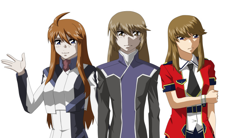 1boy 2girls black_jacket black_necktie blue_eyes breasts brown_eyes brown_hair cosplay costume_switch crossover highres hirai_hisashi_(style) holding_own_arm idolmaster idolmaster_million_live! jacket jurarumin_hrairoo kugimiya_kei kugimiya_kei_(cosplay) look-alike looking_at_viewer majestic_prince medium_breasts minashiro_soushi minashiro_soushi_(cosplay) multiple_crossover multiple_girls necktie open_hand red_jacket shiny_trinity_(idolmaster) shirt smile soukyuu_no_fafner tokoro_megumi white_jacket white_shirt