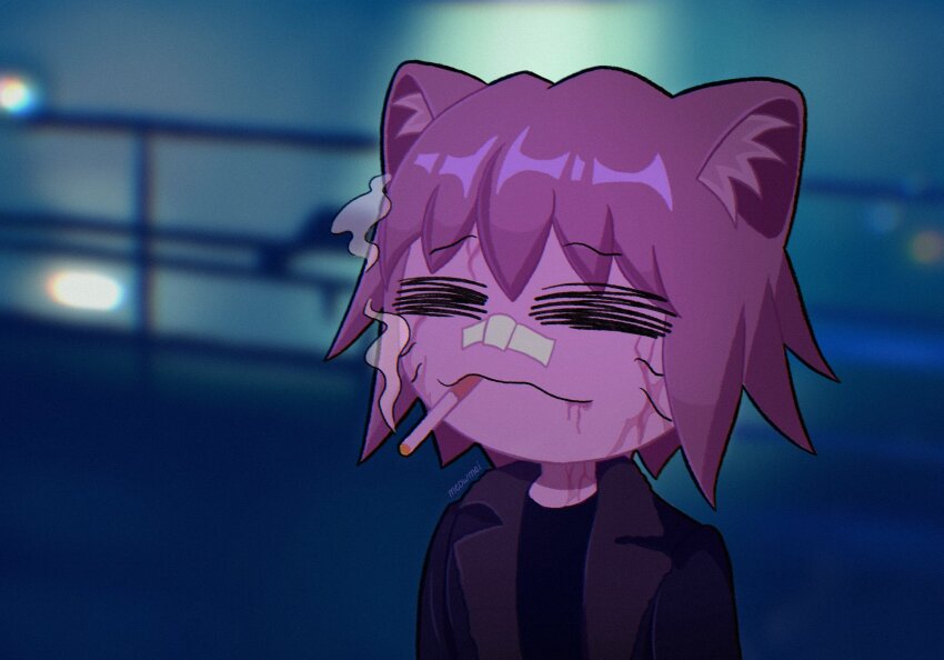 1boy =_= animal_ears bandaid bandaid_on_face bandaid_on_nose black_jacket black_shirt blade_runner_(series) blade_runner_2049 cat_boy cat_ears cigarette closed_mouth cosplay goslingposting_(meme) highres jacket k_(blade_runner_2049) k_(blade_runner_2049)_(cosplay) male_focus melty_blood meme meowmei neco-arc_chaos purple_hair scene_reference shirt short_hair smoke smoking solo tsukihime whiskers
