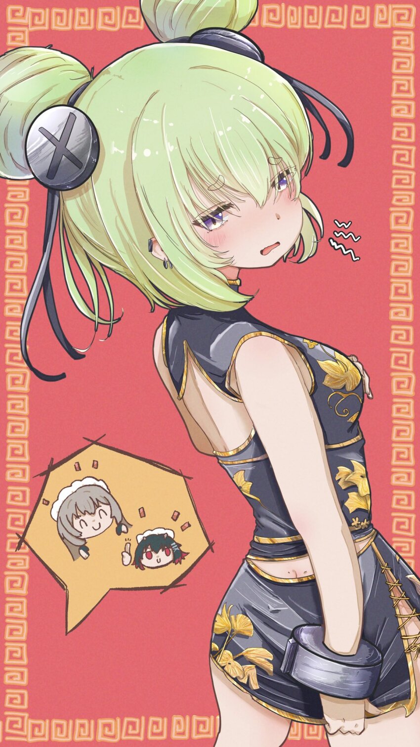 3girls alexandrina_sebastiane black_dress black_hair blush chinese_clothes clothing_cutout corin_wickes cowboy_shot double_bun dress ellen_joe hair_between_eyes hair_bun highres kurone_sc loli maid_headdress medium_hair multiple_girls purple_eyes screw_hair_ornament smile zenless_zone_zero