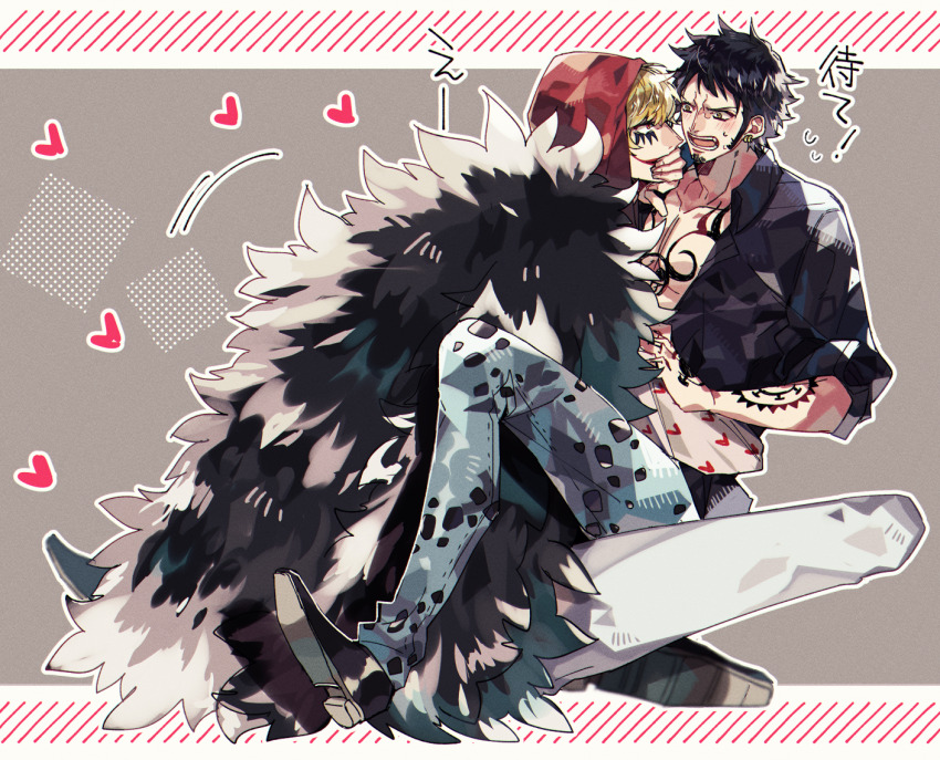 2boys arm_tattoo black_coat black_hair black_shirt black_shoes blonde_hair blue_pants blush chest_tattoo coat coat_on_shoulders collarbone collared_shirt commentary_request covering_another&#039;s_mouth donquixote_rocinante earrings eye_contact facial_hair facial_mark feather_coat finger_tattoo flying_sweatdrops goatee gold_earrings grey_background hand_tattoo heart heart_print jewelry long_sleeves looking_at_another male_focus multiple_boys nagisawa_(ngsw_coconut) one_piece open_clothes open_mouth open_shirt outline pants pectorals pink_shirt print_shirt red_eyes red_lips shirt shoes short_hair sideburns sleeves_rolled_up sweatdrop tattoo teeth trafalgar_law translation_request v-shaped_eyebrows white_background white_outline white_pants yaoi yellow_eyes